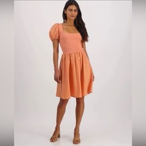 NWT salmon puff-sleeve mixed media dress